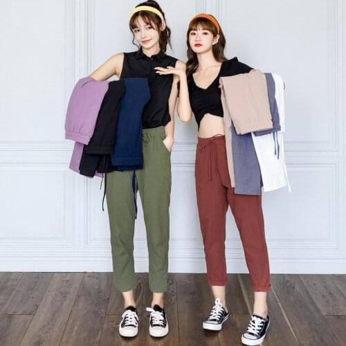 Womens Spring Summer Pants Cotton Linen Solid Elastic Waist Candy Colors Harem Trousers Soft High Quality For Female Ladys S-XXL