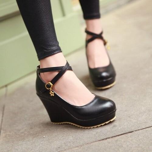 US4-11 Womens Lolita Round Toe Platform Cross Straps Wedge High Heel Rhinestones Decor Retro Pumps Shoes 3Colors Plus Size