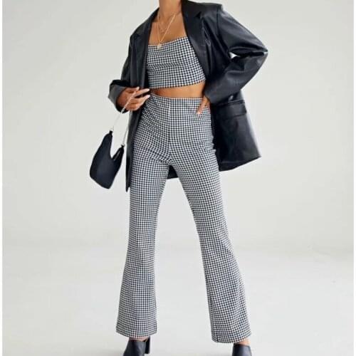 Womens short French sleeveless top slit micro-flared pants retro slim casual suit G plaid suit A608