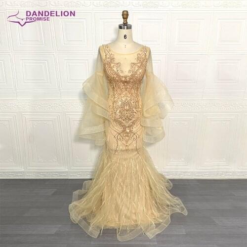 Luxury Gold Petal Long Sleeve Mermaid Evening Dresses For Women 2021 Sparkl Sequins Beading Sexy Prom Party Gowns