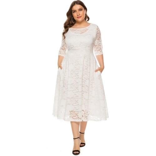 Plus Size Dresses Evening Mid-Length Skirt Hollow Lace Pocket Round Neck Calf Length Solid Color Party Elegant And Dignified