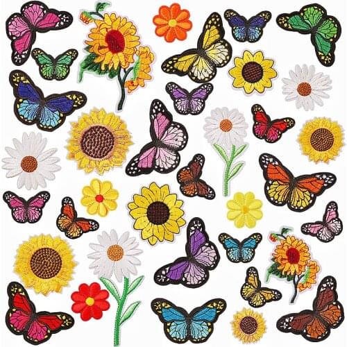 1Pcs Sunflower daisy Embroidery Patch Chrysanthemum Butterfly Clothing Patch Sticker Stickers Clothing badge DIY Iron-On Patches