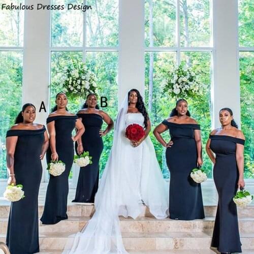 2021 African Mermaid Bridesmaid Dresses Off Shoulder Boat Neck Women Maid Of Honor Dress Long Navy Blue Wedding Party Vestidos