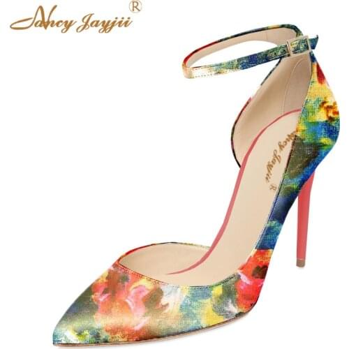 2021 Flower Print&Ivory D'Orsay & Two-piece Pumps Ankle Strap Thin High Heels Womens Chaussure Fashion Shoes for Women NJ