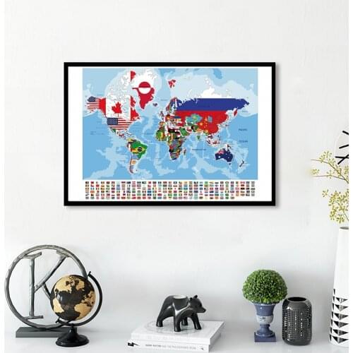 90*60cm The World Political Map with National Flags In Details Canvas Painting Wall Art Poster School Supplies Home Decor