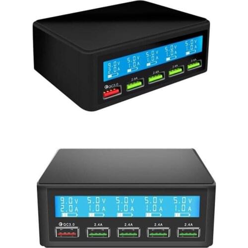 QC3.0 5 Port Mobile Phone Charger Real-Time Dynamic Of Intelligent LCD Digital Display Quick Charging Station