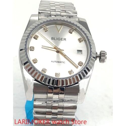 BLIGER Mens Quality Military Luxury Sports Leisure Waterproof Men Watch Mechanical Clock Stainless Steel Bracelet white Dial