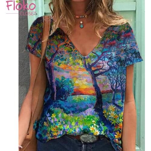Flokocloset Casual V-Neck Loose Print Short Sleeve T-Shirts Summer Graphic Tees Shirts for Women