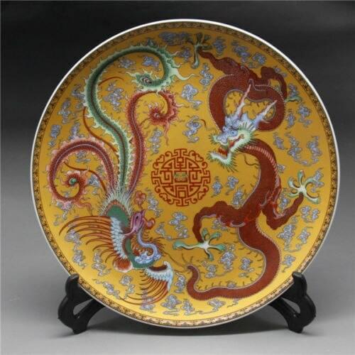 Collection Chinese Rose Porcelain Painted Animal Dragon And Phoenix Small Plate Qianlong Mark Wealth Safe And Good Luck Gift