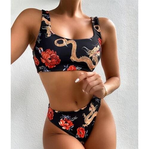Peachtan Dragon floral print bikini set Bandeau womens swimsuit High waist swimwear female Vintage bathing suit Bathers Biquini