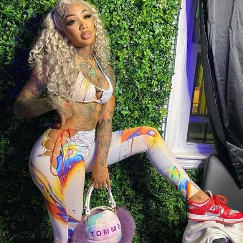 Summer Sexy 2 Piece Pants Set Women Tie dye Bandage Skinny Set Bra Crop Top and Pants Party Outfit Matching Sets Sweat Suits