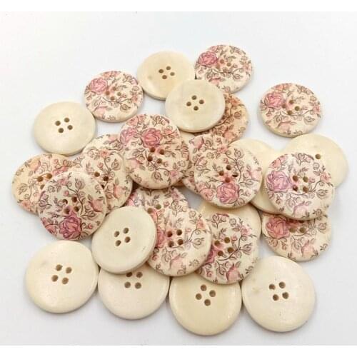 Hot 30Pcs Vintage Flower Wooden Round Buttons 4 Holes for DIY Sewing Crafts Decor