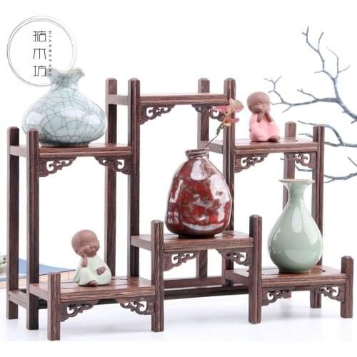 Multi Chinese Retro Storage Rack Chicken Wing Solid Wood Purple Teapot Tea Set Shelf Racks Display Stand Organizer