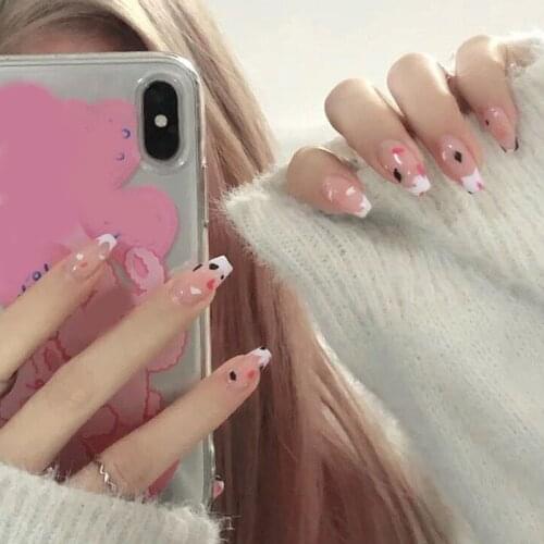 24Pcs/box Heart Pattern Design False nails Press On Nails Middle Length Fake Nails Blue Sky nail tips Full Cover Nail Decoration