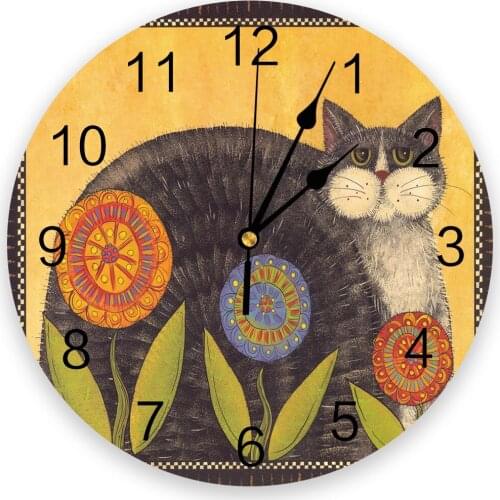 Animal Kitten Yellow Flowers 3D Wall Clock Modern Design Living Room Decoration Kitchen Clock Art Wall Watch Home Decor