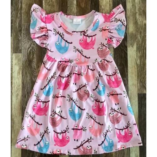 Newest Lovely Clothes Girl Round Collar Flutter Summer Pink Cartoon Sloth Print Dress