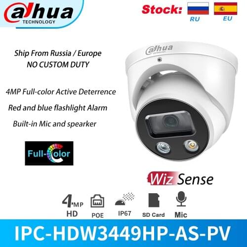 Dahua IP Camera 4MP Full-Color IPC-HDW3449H-AS-PV Built-in Mic Audio I/O Supports SD card WizSense Red and Blue Flashlight Alarm