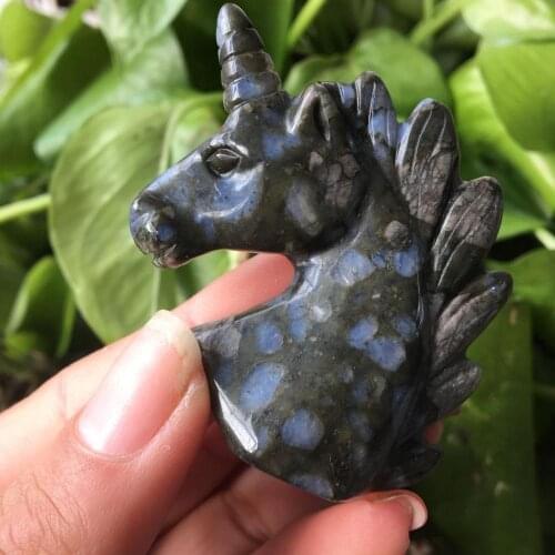 Blue sparkling stoneUnicorn Head Skull Figurine NaturalAmazonite Healing Energy Animal Carved Crystal Statue Gemstone Home decor
