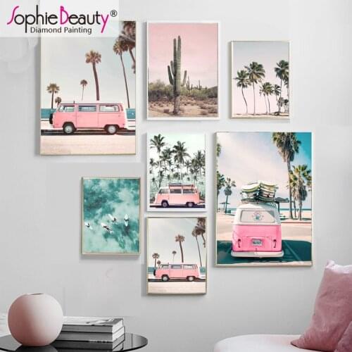 Sophie Beauty Full Square and Round Diy Diamond Painting Pink Buss Seaside Scenery Diamond Embroidery Rhinestone Mosaic 202043