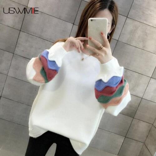 Winter New Women Sweater Casual Fashion Elegant Loose Lantern Sleeve Color Matching Comfort Knitwear Bottoming Female Pullover