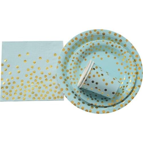 8 Pc Blue Foil Gold Dot Boys Baptism Party Decoration Cake Dish Disposable Paper Plates Straws Birthday Gender Reveal Favors