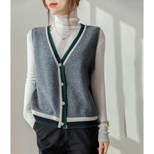 100% Pure Wool Knitted V-Neck Cardigan Vest Women Vest 2021 New Fashion Female Sweaters Sleeveless Tops