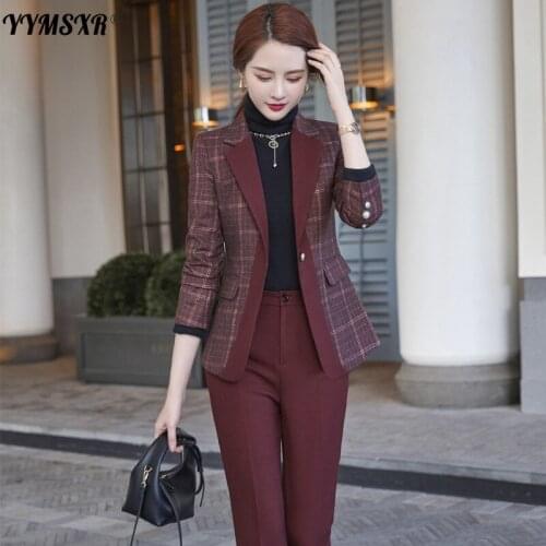 High-end Womens Suit Pants Business Wear 2021 New Winter Slim Plaid Ladies Office Jacket Temperament High Waist Trousers
