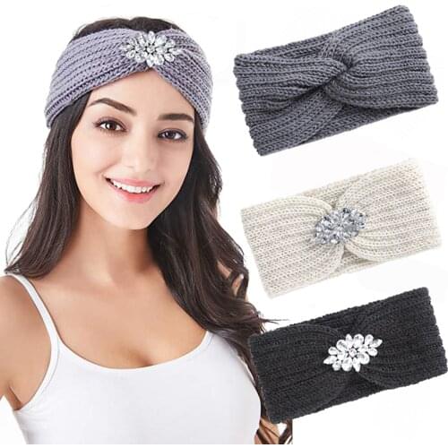 AWAYTR Rhinestone Knitted Knot Cross Headband For Women Headwraps Autumn Winter Girls Turban Elastic Hair Bands Hair Accessories