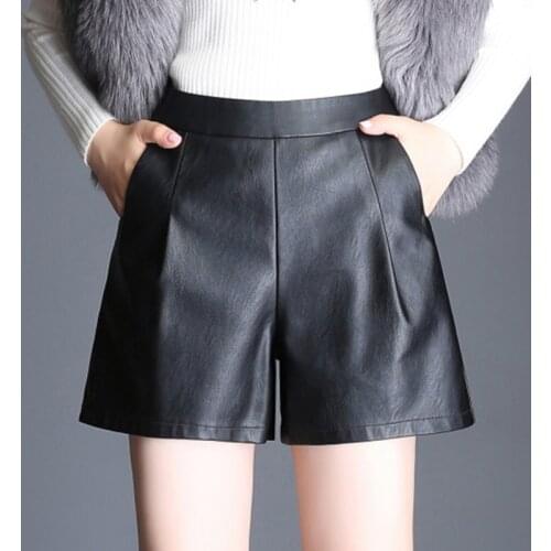 2019 New Winter Fall Casual Korean Womens 4xl High Waisted Black Pu Leather Shorts , Autumn Spring Female Woman Wide Leg Shorts