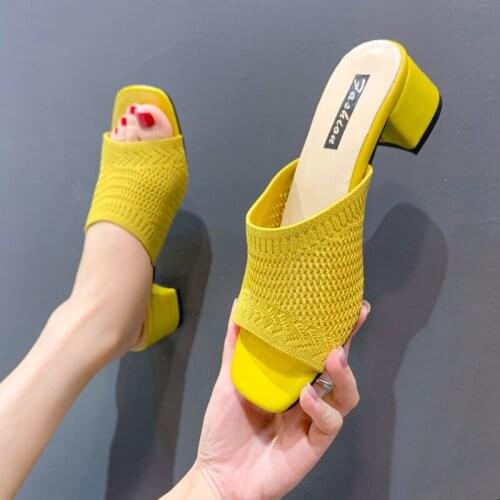 2021 Large size Summer Sandals Women Shoes Women Mules Slides Peep Toe Square High Heels Sandals Female Shoe Casual Square Heel