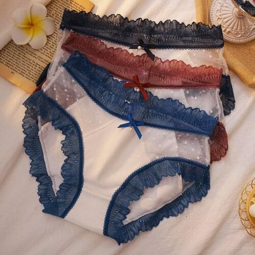 Womens Briefs Cotton Underwear Panties Lace Sexy Erotic Lingerie For Female Mid-Waist Translucent Mesh Underpants