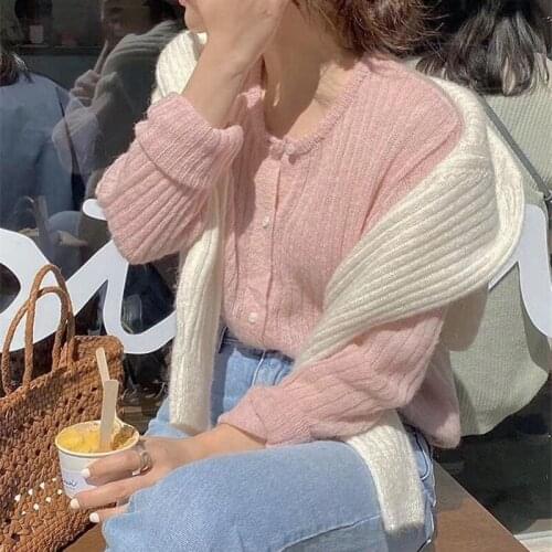 Limiguyue Women Mohair Sweater Chic Single-Breasted Round Neck Knitted Cardigan Autumn Gentle Long Sleeve Knitting Top K2475