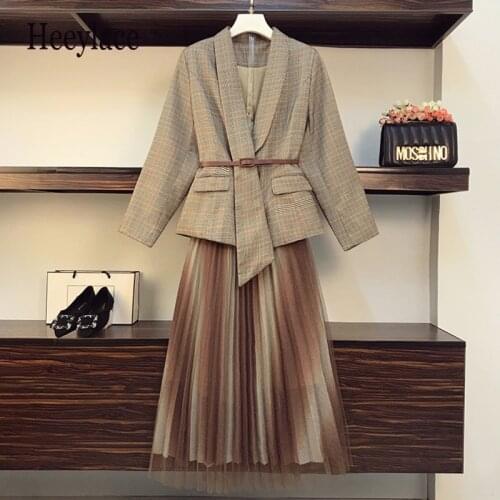 Plus size office ladies autumn winter two piece set for women work long sleeve plaid blazer and gradient mesh long skirt set