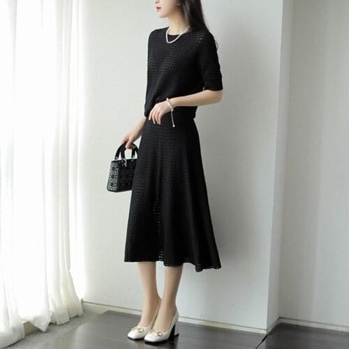 Summer Hollow Out Knitted Two Piece Set Women Short Sleeve Pullover Tops + High Waist Midi Skirts Elegant White Suits Dress Set