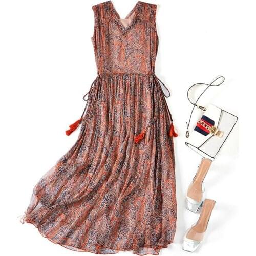 Mayabee Summer Slim Temperament Ladies Silk Dress 2021 New Womens Lace-Up Slim Fashion V-Neck Sleeveless Midi Skirt