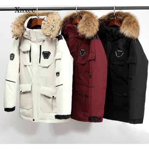 Winter Down Jacket Mens Coat Mid-Length Big Fur Collar Mens Thick Coat Snow Coat