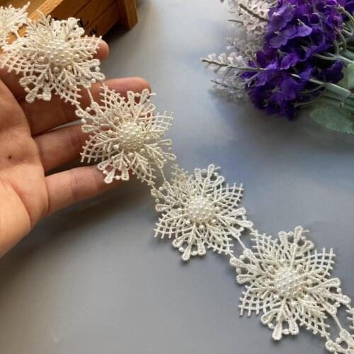 10x Ivory Snowflake Pearl Handmade Beaded Flower Embroidered Lace Trim Ribbon Double Layered Applique Dress DIY Sewing Craft 5cm