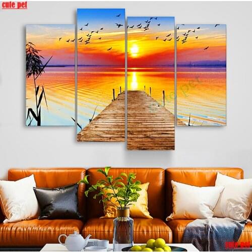 Diamond embroidery Sunset seagull wooden bridge diy diamond painting cross stitch full square round Drill rhinestone Decor 4PCS