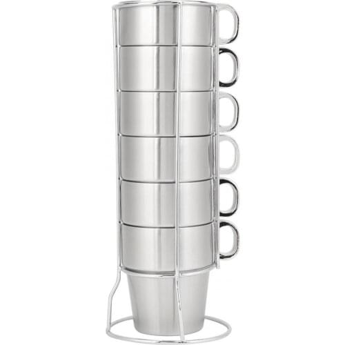 6pcs/set 300ml Double Layer Stainless Steel Water Cup Anti-Scald Stackable Water Coffee Cup Set with Cup Holder Stand Organizer