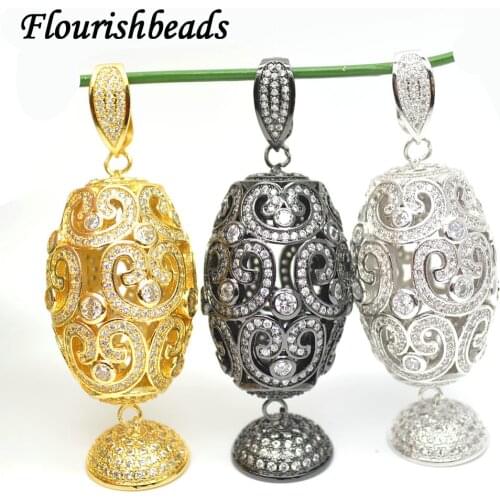 Paved Zircon Big Oval Bell Hollow Out Clasp Tassel Bead Cap Necklace Pendant Jewelry Findings