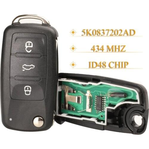 Kutery 3 Buttons Remote Key 434MHz ID48 Chip 5K0837202AD For VW Golf Tiguan Polo Passat CC Jetta Beetle