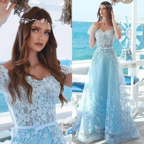 Elegant Flowes Appliques Long Prom Dresses Off the Shoulder A-Line Prom Gowns Short Sleeve V-Neck Formal Party Dresses