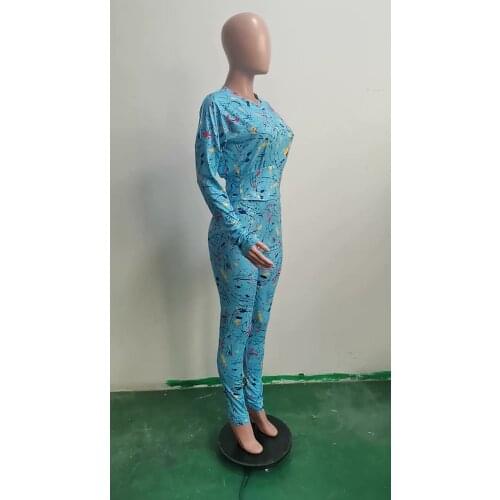 Ready to Ship Good Quality Autumn Long Sleeve Print 2 Piece Set Women Bodycon Casual Sports Two Piece Pants Set