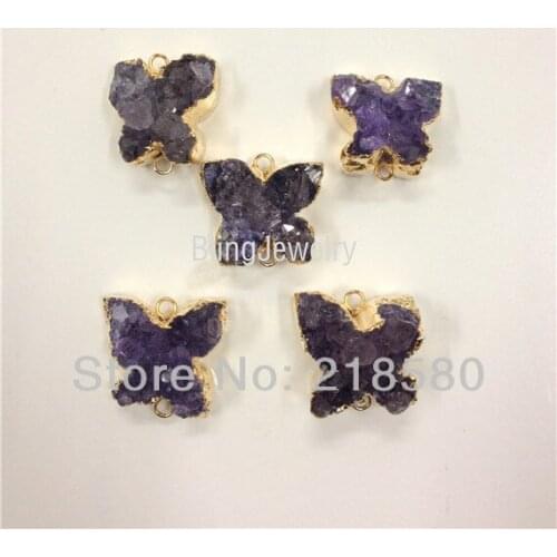 H-AMD34 Raw Druzy Amethysts Cluster Butterfly Pendant with Gold