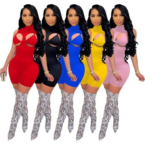 Splicing 2 Pieces Set Crew Neck High Neck Sexy Skinny Romper Women Hollow Out Sleeveless Bra Party Club Outfits Slim Jumpsuits