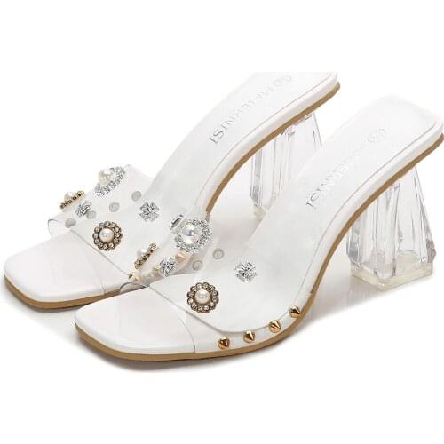 MAIERNISI 2020 New Arrive Women Sandals Top Quality PVC Transparent Shoes Square High Heel Elegant Party Casual Shoes Woman