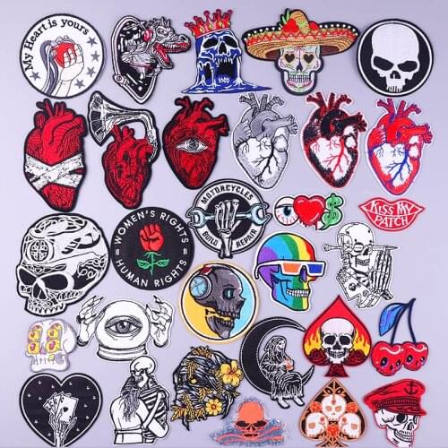 Heart Skull Patch Iron On Embroidered Patches For Clothing Punk Biker Patch For Clothes DIY Hippie Clothes Applique Badge Stripe