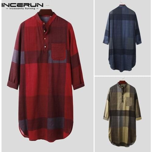 Fashion Plaid Sleep Robes INCERUN Mens Long Sleeve O Neck Nightwear Cotton Pockets Nightgown Cozy Buttons Sleepwear Plus Size 7