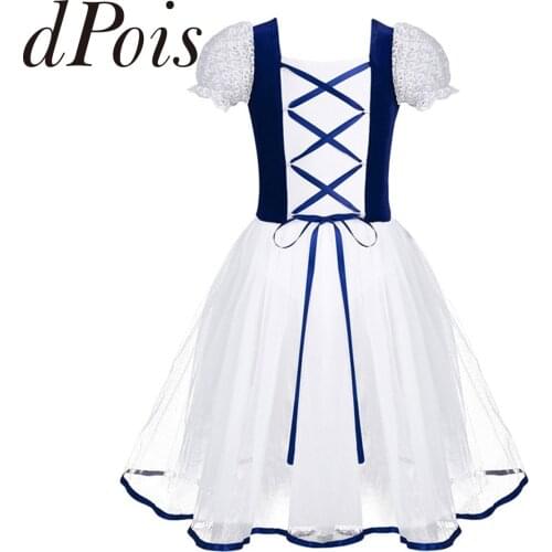 Kids Girls Professional Ballet Tutu Dress Dance Wear Velvet Mesh Lacework Short Bubble Sleeves Ballet Gymnastics Leotard Dress