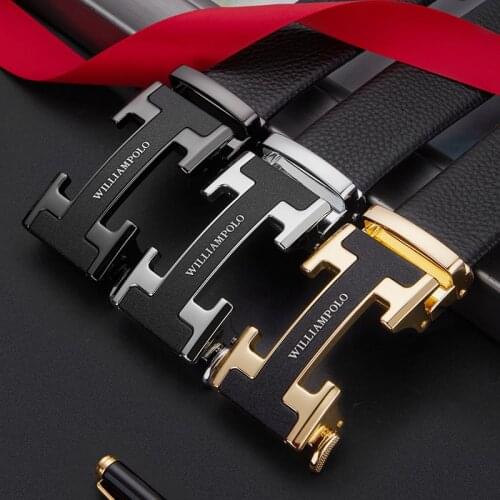 Top grade brand leather automatic button top layer leather belt mens business pants belt H-type fashion belt buckle